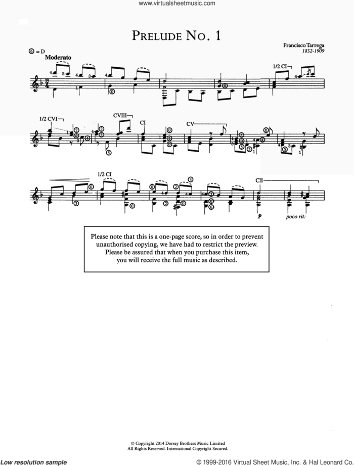 Prelude No.1 sheet music for guitar solo (chords) by Francisco Tarrega, classical score, easy guitar (chords)