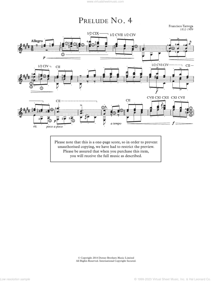 Prelude No.4 sheet music for guitar solo (chords) by Francisco Tarrega, classical score, easy guitar (chords)