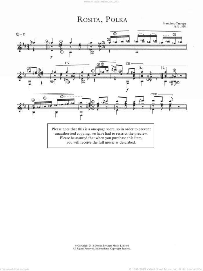 Rosita, Polka sheet music for guitar solo (chords) by Francisco Tarrega, classical score, easy guitar (chords)