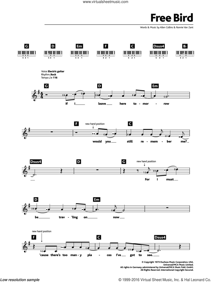Free Bird sheet music for piano solo (chords, lyrics, melody) by Lynyrd Skynyrd, Allen Collins and Ronnie Van Zant, intermediate piano (chords, lyrics, melody)