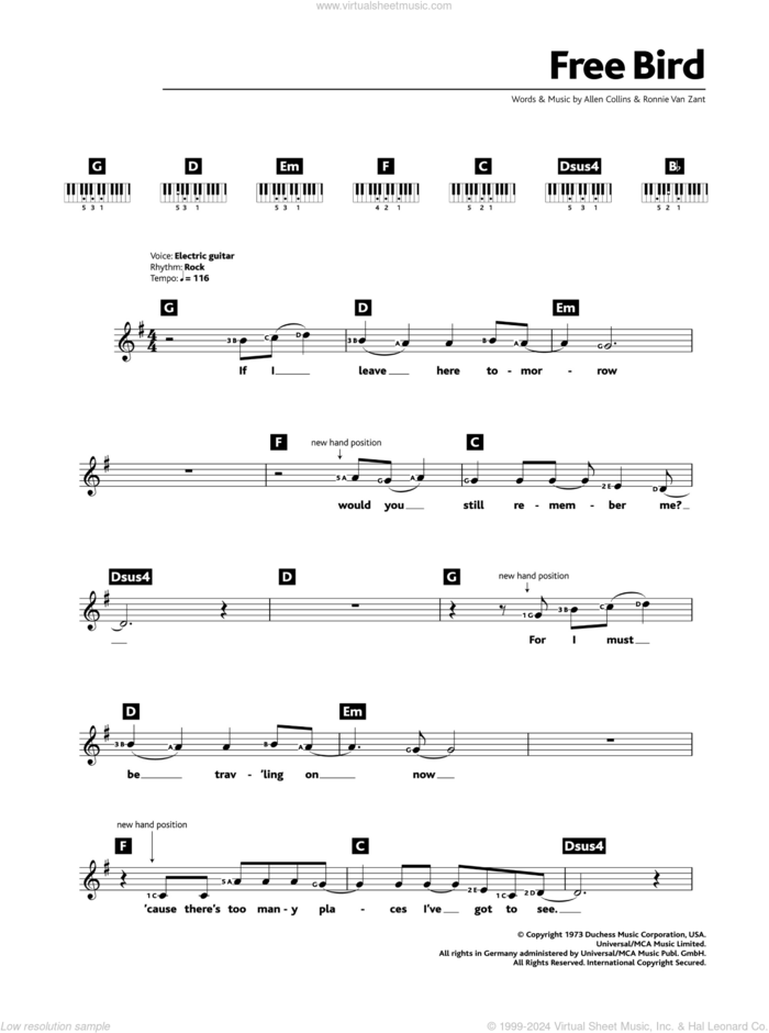 Free Bird sheet music for piano solo (chords, lyrics, melody) by Lynyrd Skynyrd, Allen Collins and Ronnie Van Zant, intermediate piano (chords, lyrics, melody)