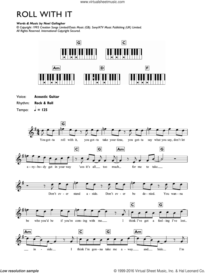 Roll With It sheet music for piano solo (chords, lyrics, melody) by Oasis and Noel Gallagher, intermediate piano (chords, lyrics, melody)