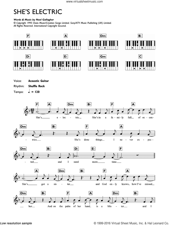 She's Electric sheet music for piano solo (chords, lyrics, melody) by Oasis and Noel Gallagher, intermediate piano (chords, lyrics, melody)