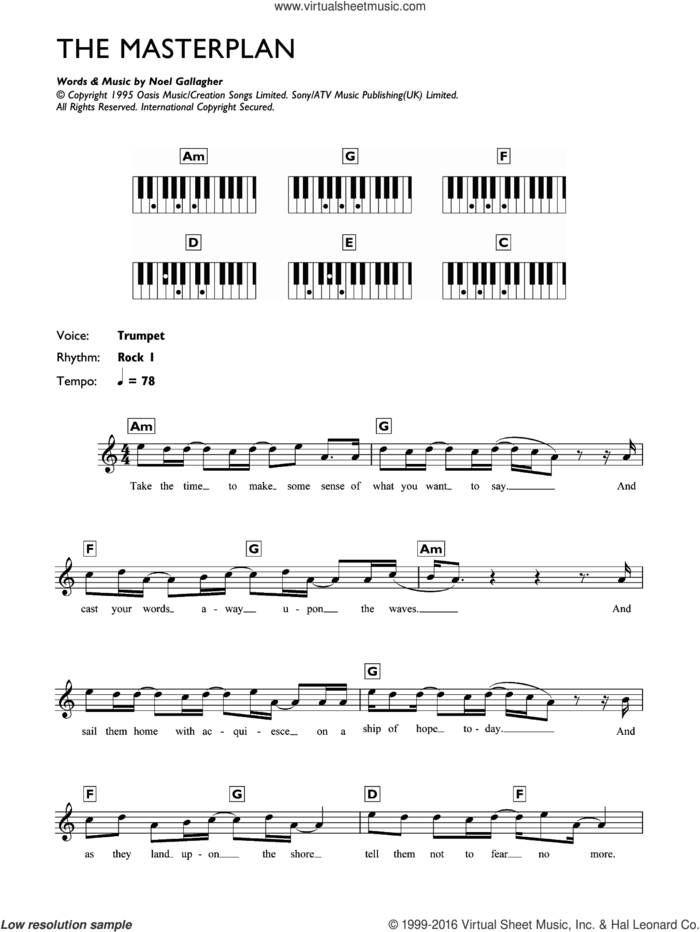 The Masterplan sheet music for piano solo (chords, lyrics, melody) by Oasis and Noel Gallagher, intermediate piano (chords, lyrics, melody)