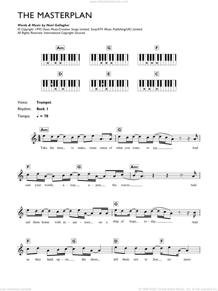 The Masterplan sheet music for piano solo (chords, lyrics, melody) by Oasis and Noel Gallagher, intermediate piano (chords, lyrics, melody)