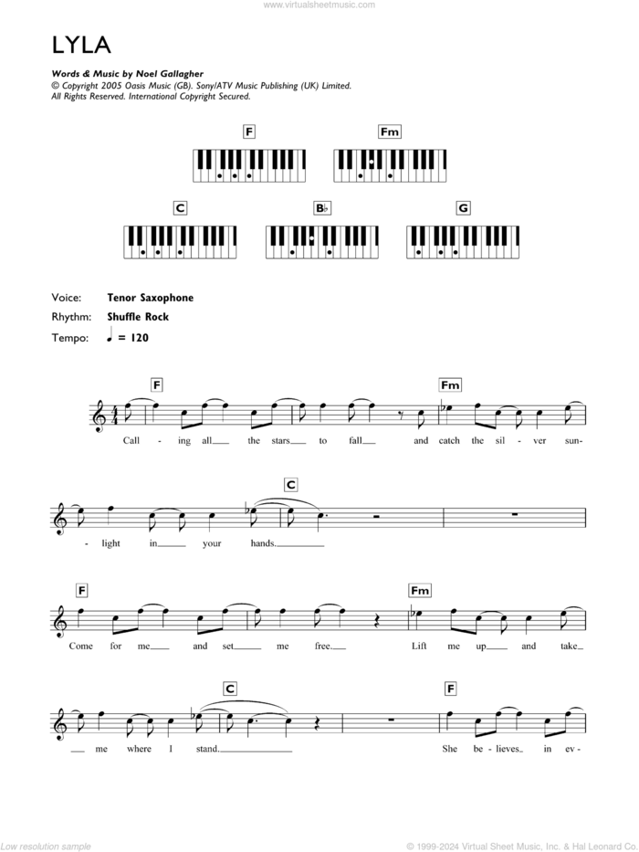 Lyla sheet music for piano solo (chords, lyrics, melody) by Oasis and Noel Gallagher, intermediate piano (chords, lyrics, melody)