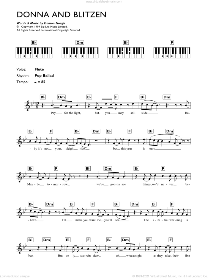 Donna And Blitzen sheet music for piano solo (chords, lyrics, melody) by Badly Drawn Boy and Damon Gough, intermediate piano (chords, lyrics, melody)