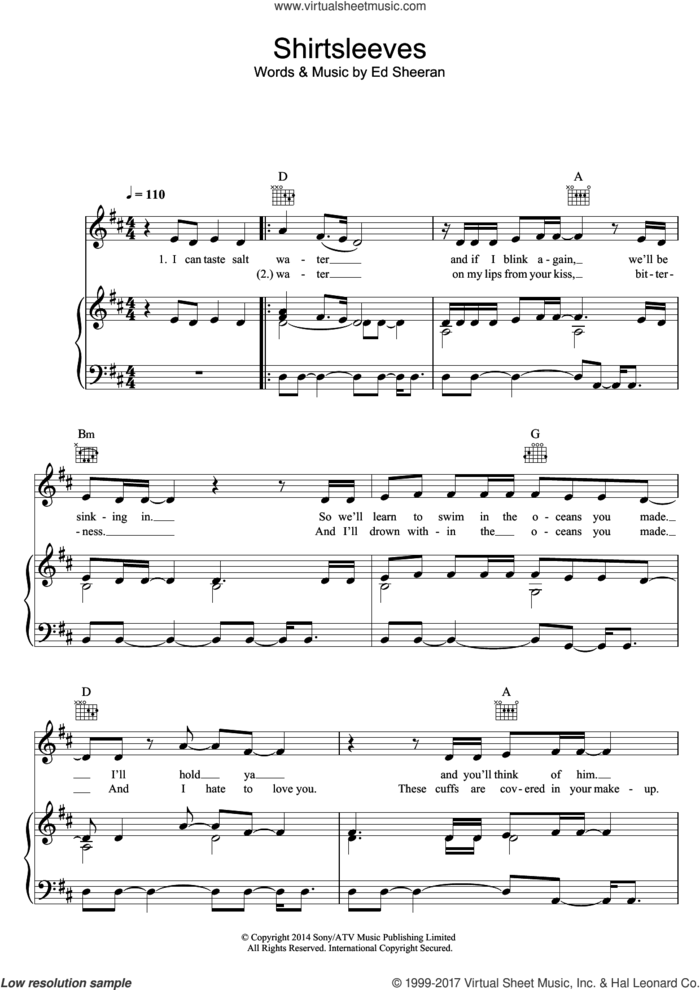 Shirtsleeves sheet music for voice, piano or guitar by Ed Sheeran, intermediate skill level