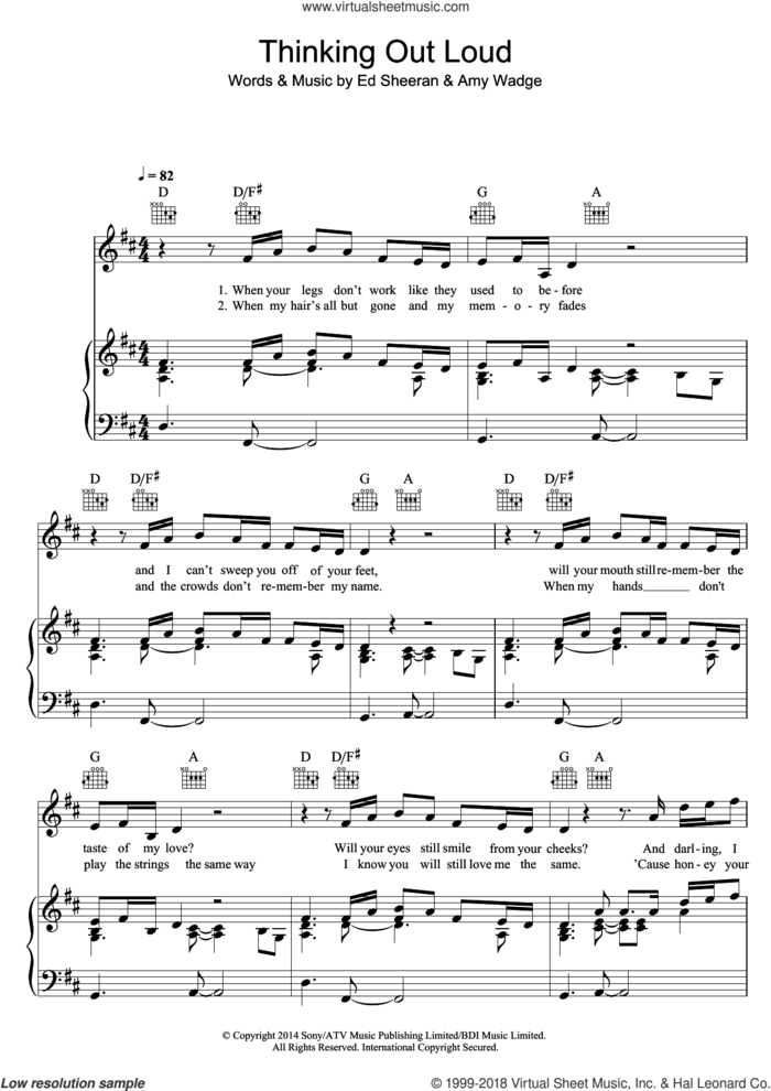 Thinking Out Loud sheet music for voice, piano or guitar by Ed Sheeran, Amy Wadge and William Simmons, wedding score, intermediate skill level