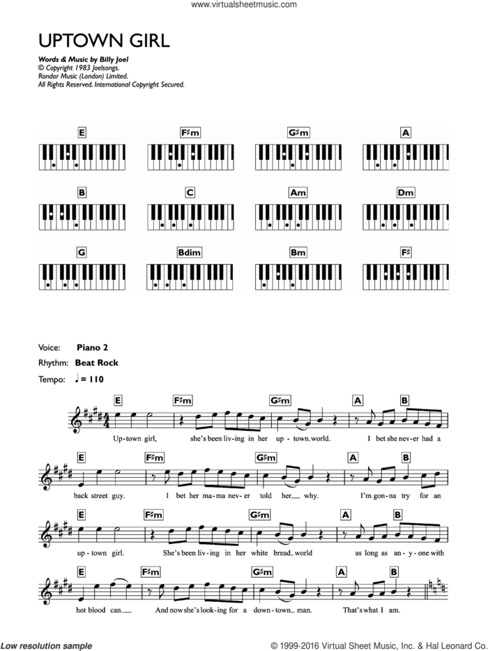 Uptown Girl sheet music for piano solo (chords, lyrics, melody) by Billy Joel and Westlife, intermediate piano (chords, lyrics, melody)
