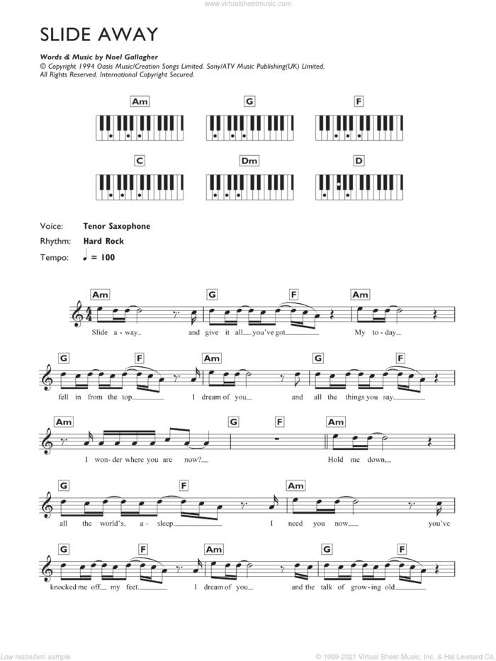 Slide Away sheet music for piano solo (chords, lyrics, melody) by Oasis and Noel Gallagher, intermediate piano (chords, lyrics, melody)