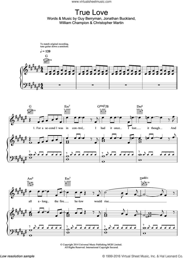 True Love sheet music for voice, piano or guitar by Coldplay, Christopher Martin, Guy Berryman, Jonathan Buckland and William Champion, intermediate skill level