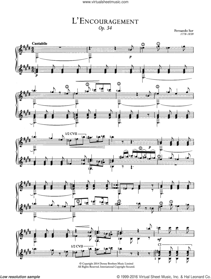 L'encouragement sheet music for guitar solo (chords) by Fernando Sor, classical score, easy guitar (chords)