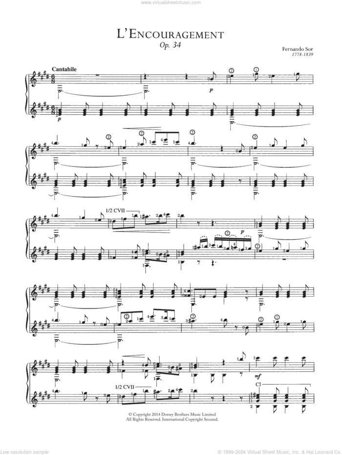 L'encouragement sheet music for guitar solo (chords) by Fernando Sor, classical score, easy guitar (chords)