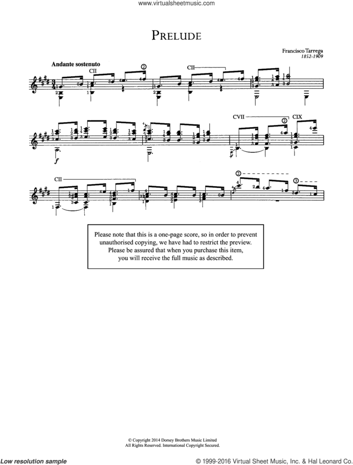 Prelude sheet music for guitar solo (chords) by Francisco Tarrega, classical score, easy guitar (chords)