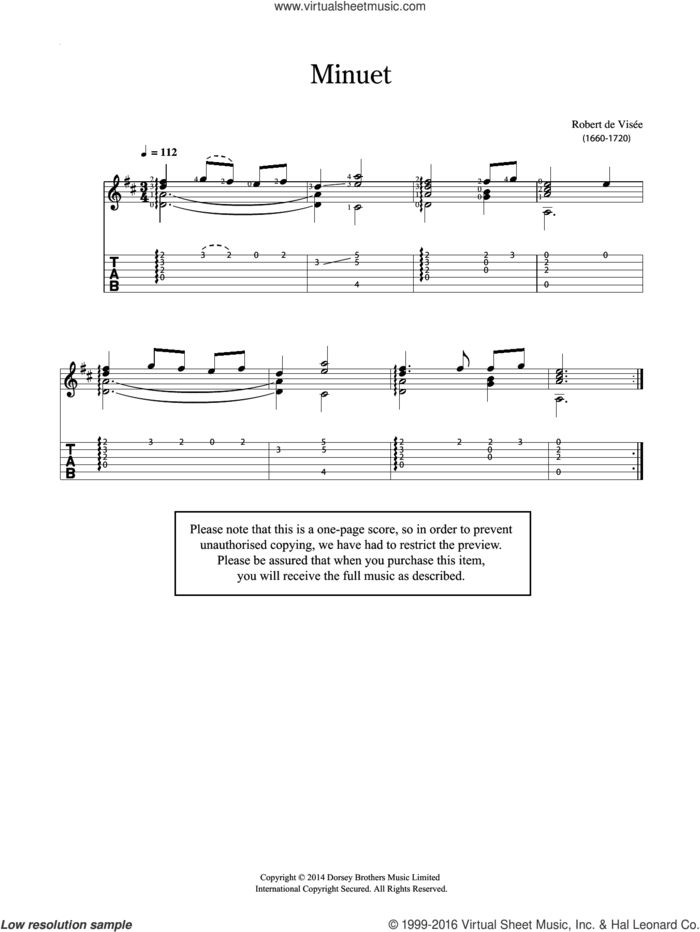 Minuet sheet music for guitar solo (chords) by Robert Visee, classical score, easy guitar (chords)