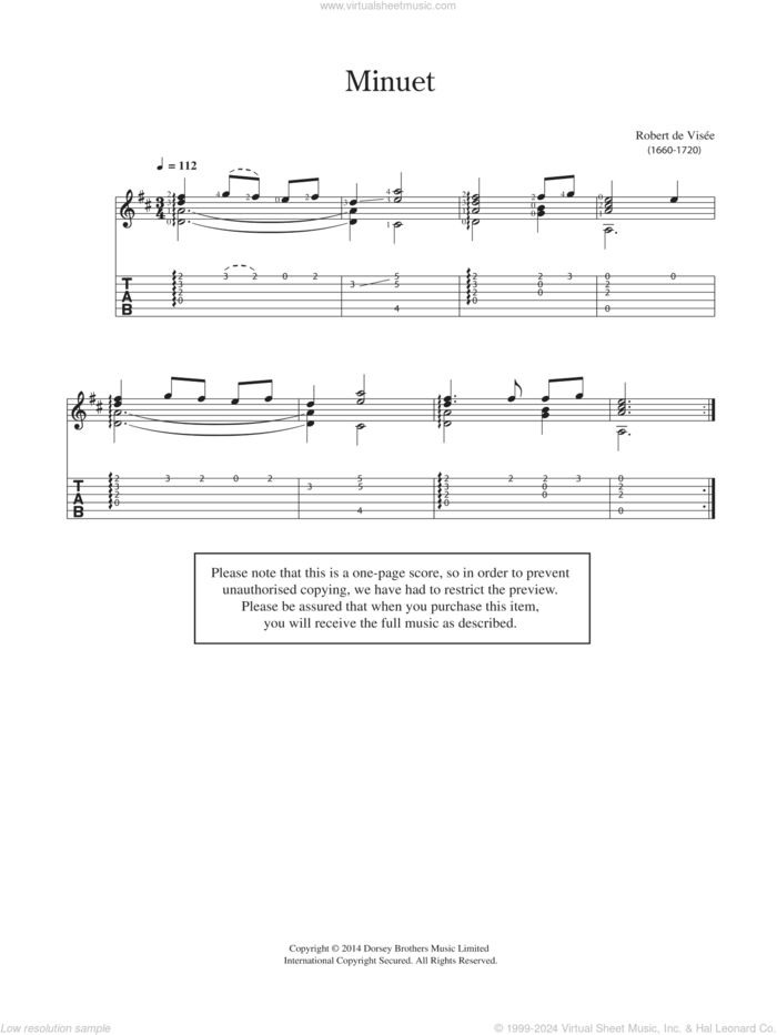 Minuet sheet music for guitar solo (chords) by Robert Visee, classical score, easy guitar (chords)