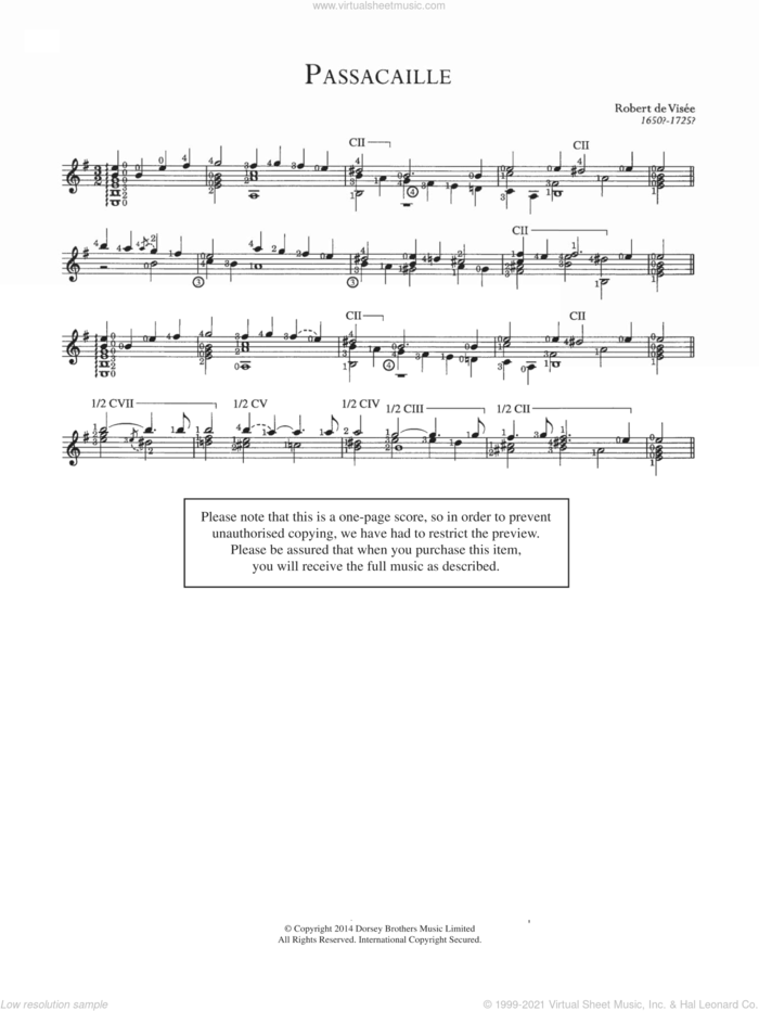 Passacaille sheet music for guitar solo (chords) by Robert Visee, classical score, easy guitar (chords)