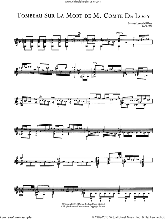 Tombeau Sur La Mort De M. Comte De Logy sheet music for guitar solo (chords) by Sylvius Leopold Weiss, classical score, easy guitar (chords)