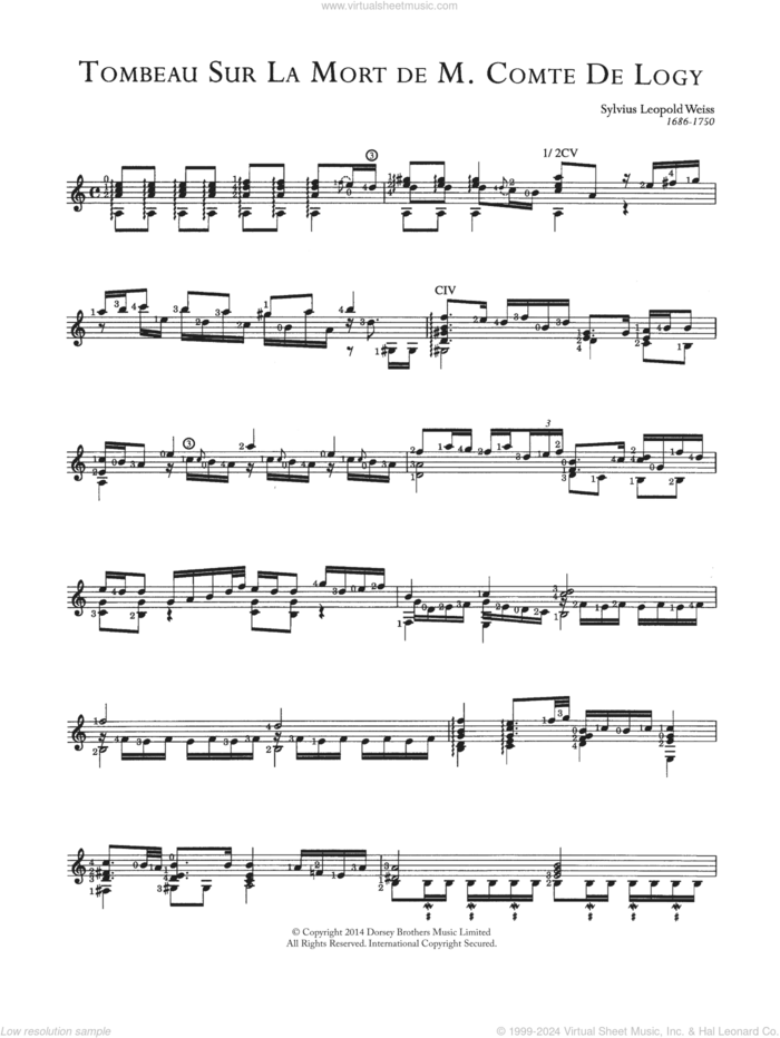 Tombeau Sur La Mort De M. Comte De Logy sheet music for guitar solo (chords) by Sylvius Leopold Weiss, classical score, easy guitar (chords)