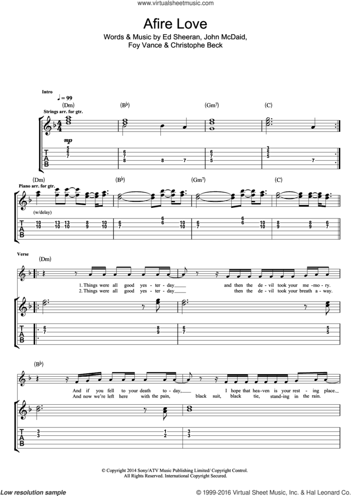 Afire Love sheet music for guitar (tablature) by Ed Sheeran, Christophe Beck, Foy Vance and John McDaid, intermediate skill level