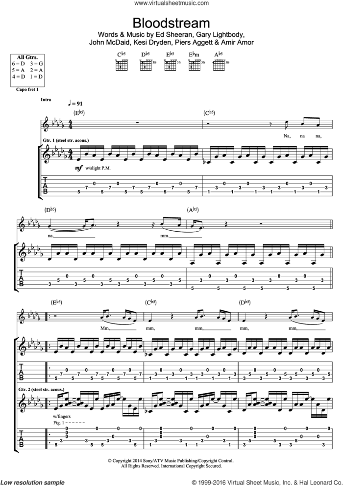 Bloodstream sheet music for guitar (tablature) by Ed Sheeran, Amir Amor, Gary Lightbody, John McDaid, Kesi Dryden and Piers Aggett, intermediate skill level