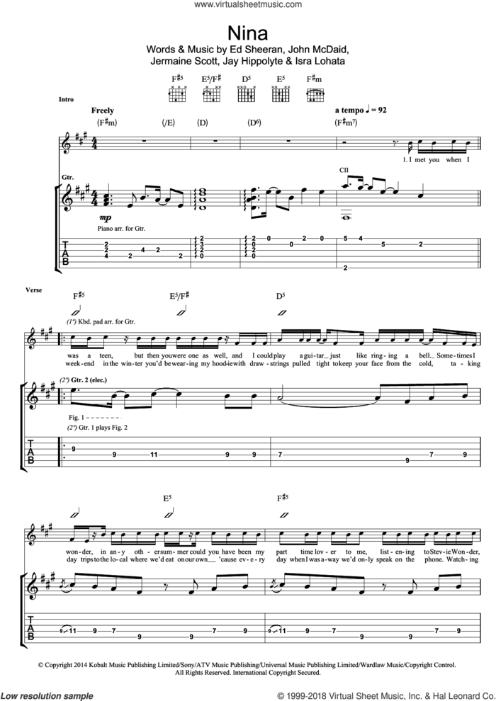 Nina sheet music for guitar (tablature) by Ed Sheeran, Isra Lohata, Jay Hippolyte, Jermaine Scott and John McDaid, intermediate skill level