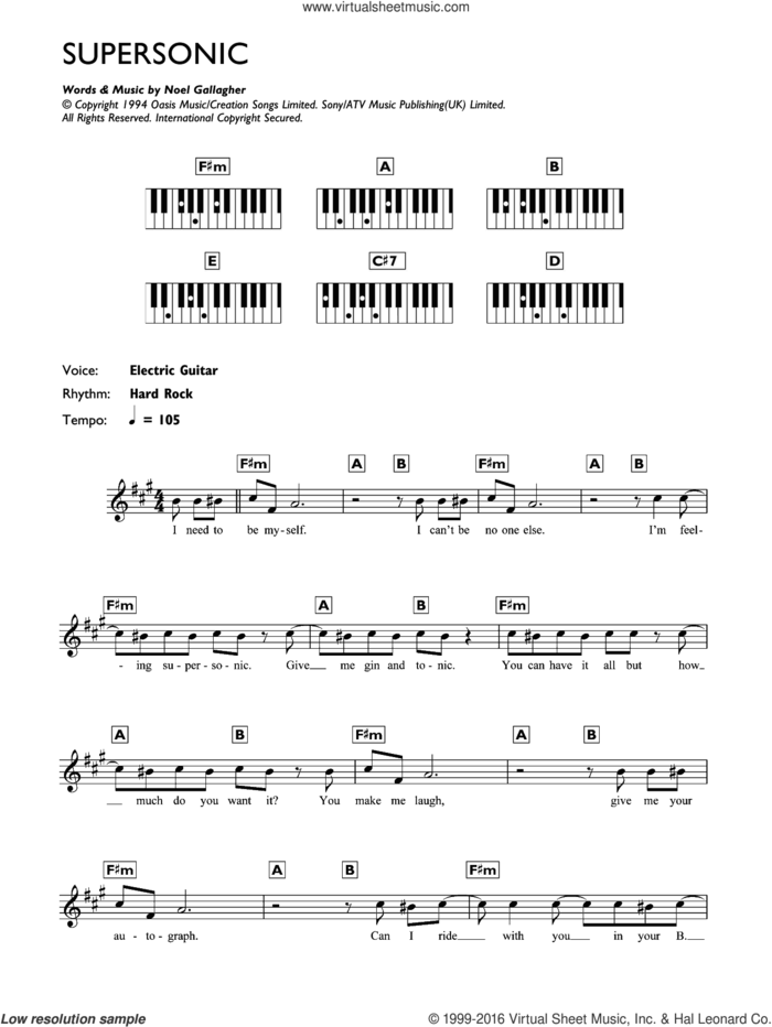 Supersonic sheet music for piano solo (chords, lyrics, melody) by Oasis and Noel Gallagher, intermediate piano (chords, lyrics, melody)