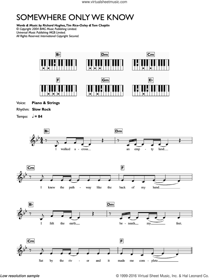 Somewhere Only We Know sheet music for piano solo (chords, lyrics, melody) by Lily Allen, Richard Hughes, Tim Rice-Oxley and Tom Chaplin, intermediate piano (chords, lyrics, melody)