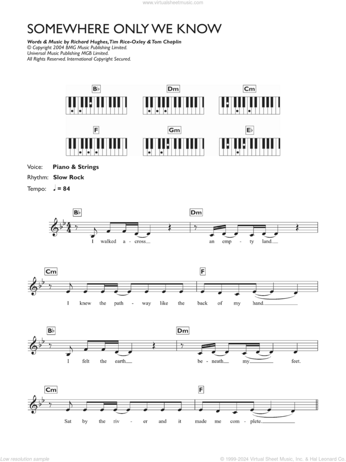 Somewhere Only We Know sheet music for piano solo (chords, lyrics, melody) by Lily Allen, Richard Hughes, Tim Rice-Oxley and Tom Chaplin, intermediate piano (chords, lyrics, melody)