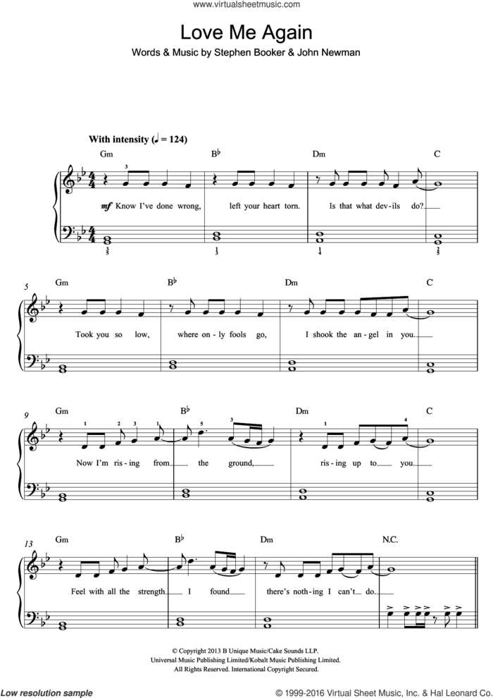 Love Me Again sheet music for piano solo by John Newman and Steve Booker, easy skill level