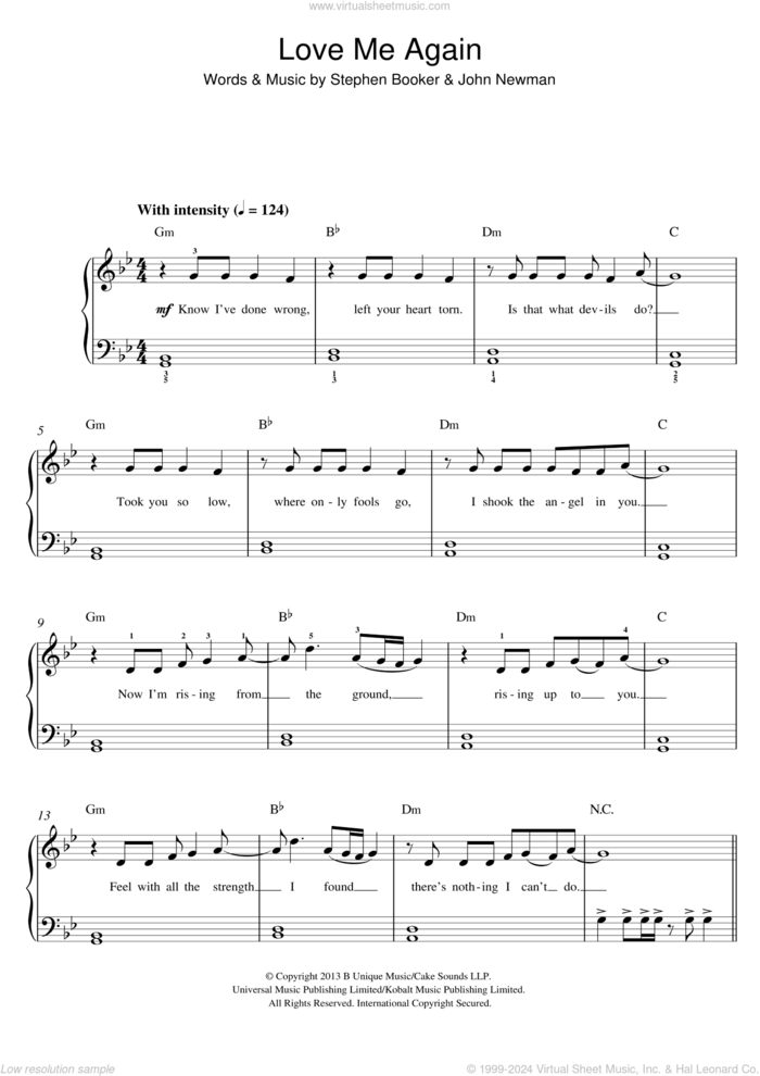 Love Me Again sheet music for piano solo by John Newman and Steve Booker, easy skill level