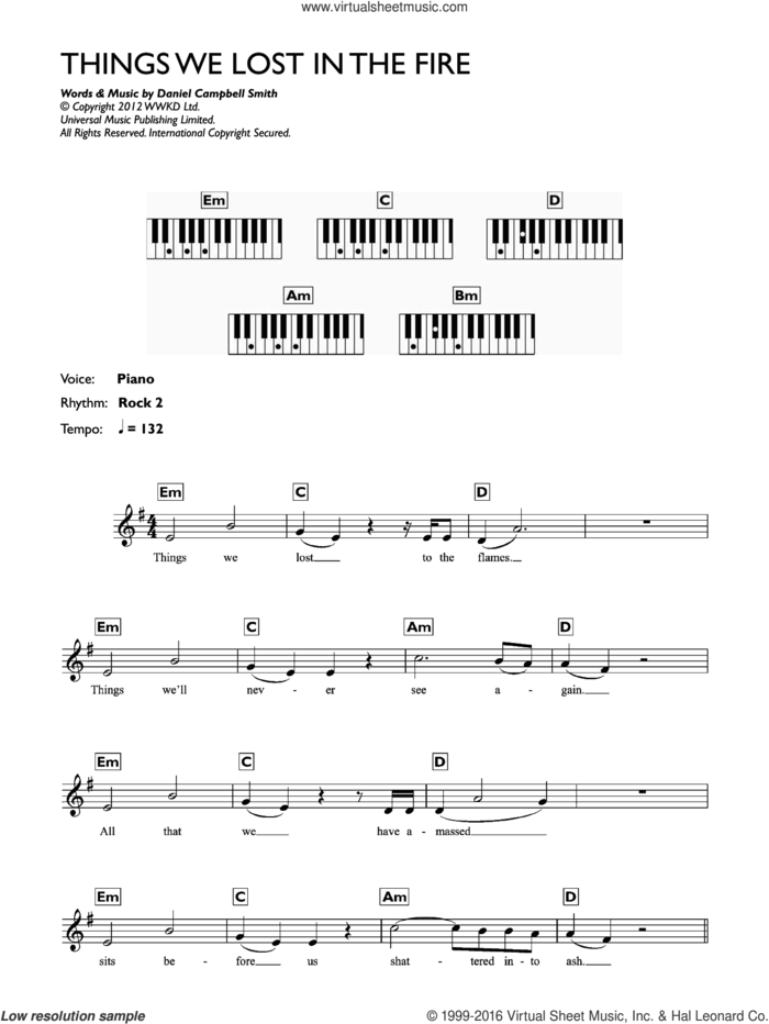 Things We Lost In The Fire sheet music for piano solo (chords, lyrics, melody) by Bastille and Daniel Campbell Smith, intermediate piano (chords, lyrics, melody)