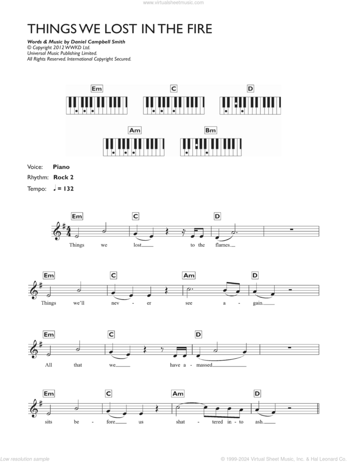 Things We Lost In The Fire sheet music for piano solo (chords, lyrics, melody) by Bastille and Daniel Campbell Smith, intermediate piano (chords, lyrics, melody)