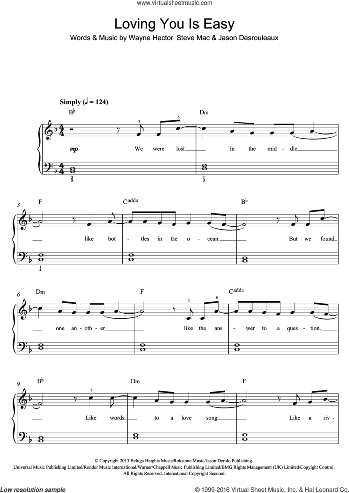 Loving You Is Easy sheet music for piano solo by Union J, Jason Desrouleaux, Steve Mac and Wayne Hector, easy skill level