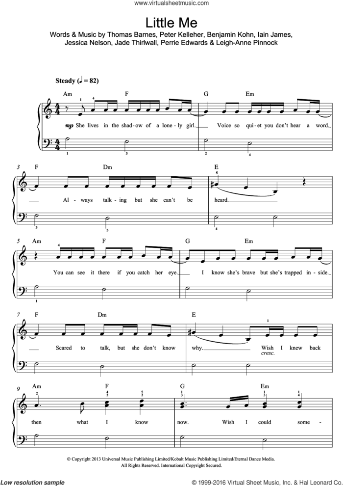 Little Me sheet music for piano solo by Little Mix, Benjamin Kohn, Iain James, Jade Thirlwall, Jessica Nelson, Leigh-Anne Pinnock, Perrie Edwards, Peter Kelleher and Thomas Barnes, easy skill level