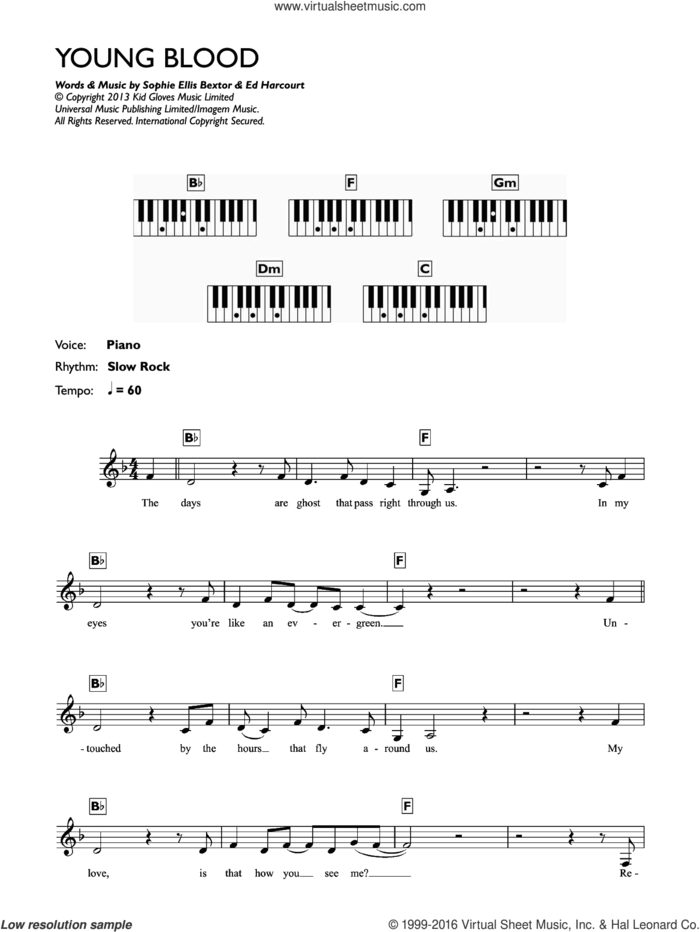 Young Blood sheet music for piano solo (chords, lyrics, melody) by Sophie Ellis-Bextor, Ed Harcourt and Sophie Ellis Bextor, intermediate piano (chords, lyrics, melody)