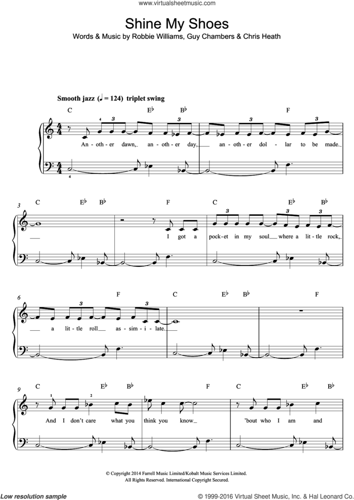 Shine My Shoes sheet music for piano solo by Robbie Williams, Chris Heath and Guy Chambers, easy skill level