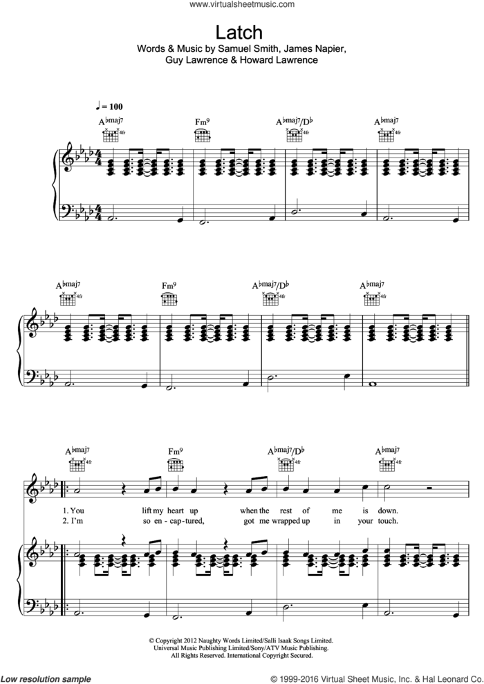 Latch (Acoustic) sheet music for voice, piano or guitar by Sam Smith, Guy Lawrence, Howard Lawrence, James Napier and Samuel Smith, intermediate skill level
