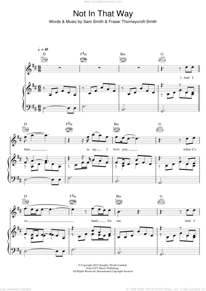 Not In That Way sheet music for voice, piano or guitar by Sam Smith and Fraser Thorneycroft-Smith, intermediate skill level