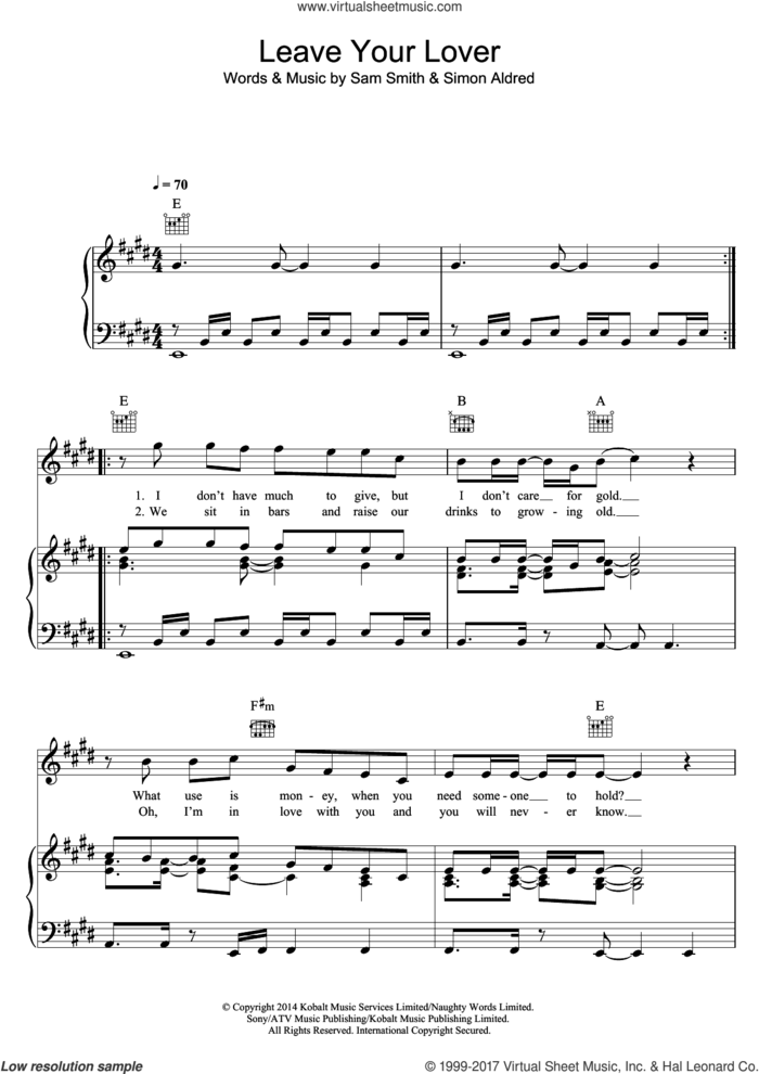 Leave Your Lover sheet music for voice, piano or guitar by Sam Smith and Simon Aldred, intermediate skill level