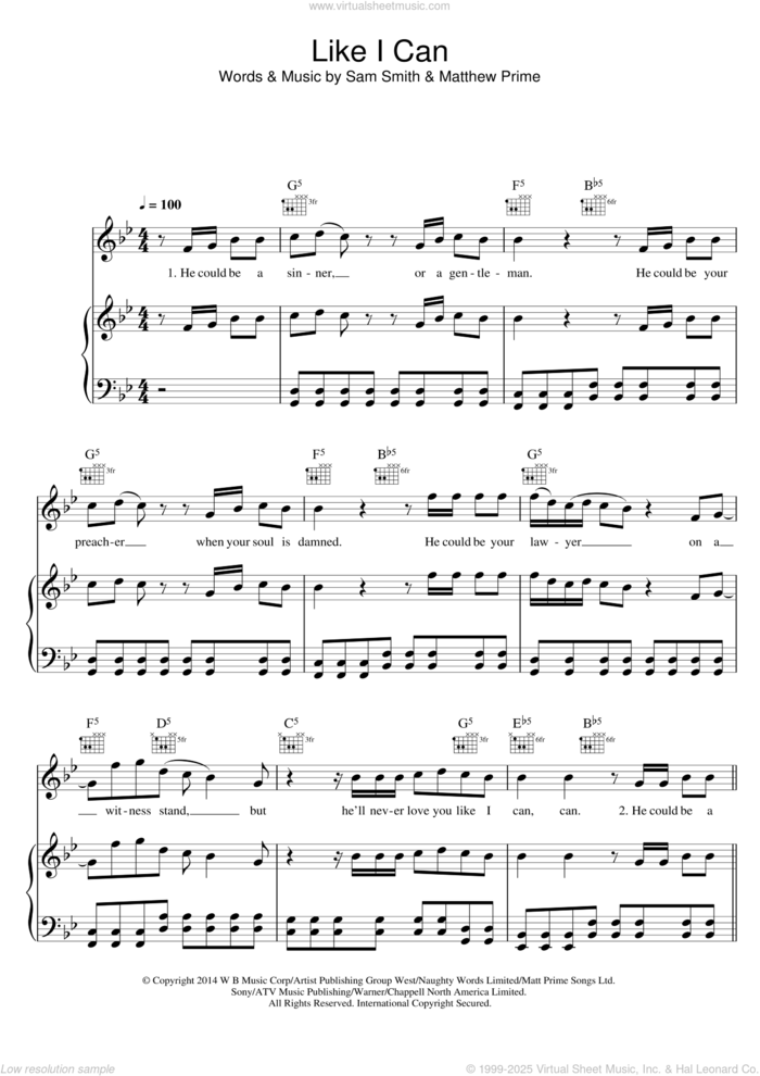 Like I Can sheet music for voice, piano or guitar by Sam Smith and Matthew Prime, intermediate skill level