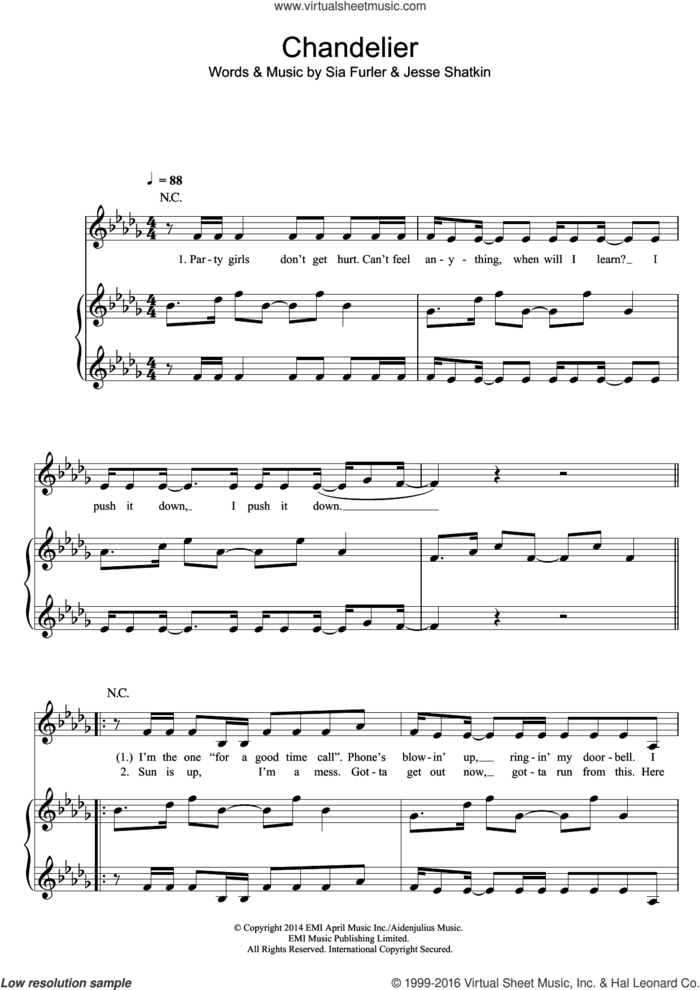 Chandelier sheet music for voice, piano or guitar by Sia, Jesse Shatkin and Sia Furler, intermediate skill level