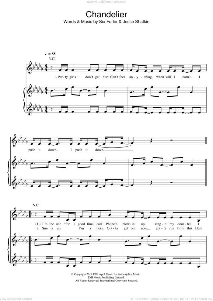 Chandelier sheet music for voice, piano or guitar by Sia, Jesse Shatkin and Sia Furler, intermediate skill level