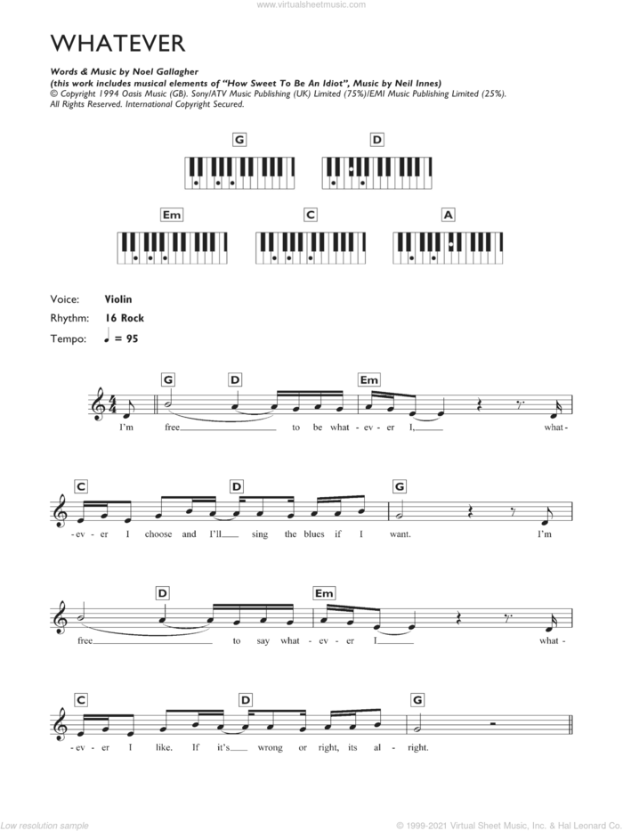 Whatever sheet music for piano solo (chords, lyrics, melody) by Oasis and Noel Gallagher, intermediate piano (chords, lyrics, melody)