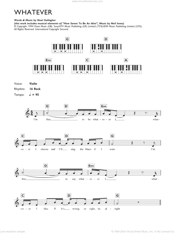 Whatever sheet music for piano solo (chords, lyrics, melody) by Oasis and Noel Gallagher, intermediate piano (chords, lyrics, melody)