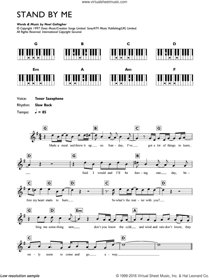 Stand By Me sheet music for piano solo (chords, lyrics, melody) by Oasis, Merle Travis and Noel Gallagher, intermediate piano (chords, lyrics, melody)