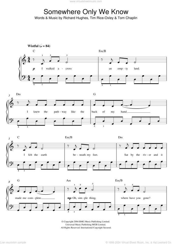 Somewhere Only We Know sheet music (easy) for piano solo (PDF)