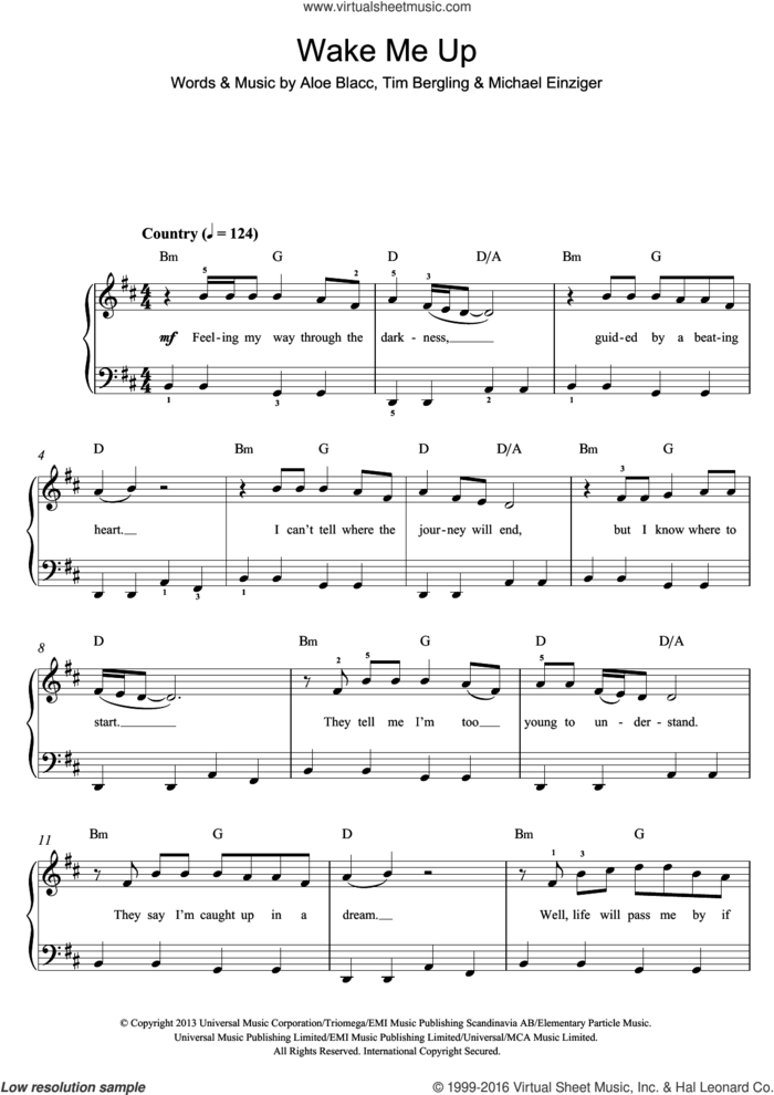 Wake Me Up sheet music for piano solo (beginners) by Avicii, Aloe Blacc, Michael Einziger and Tim Bergling, beginner piano (beginners)