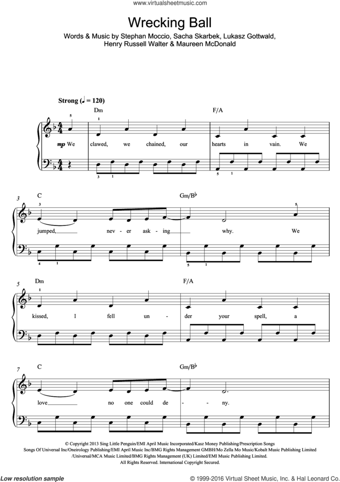 Wrecking Ball sheet music for piano solo (beginners) by Miley Cyrus, Henry Russell Walter, Lukasz Gottwald, Maureen McDonald, Sacha Skarbek and Stephan Moccio, beginner piano (beginners)